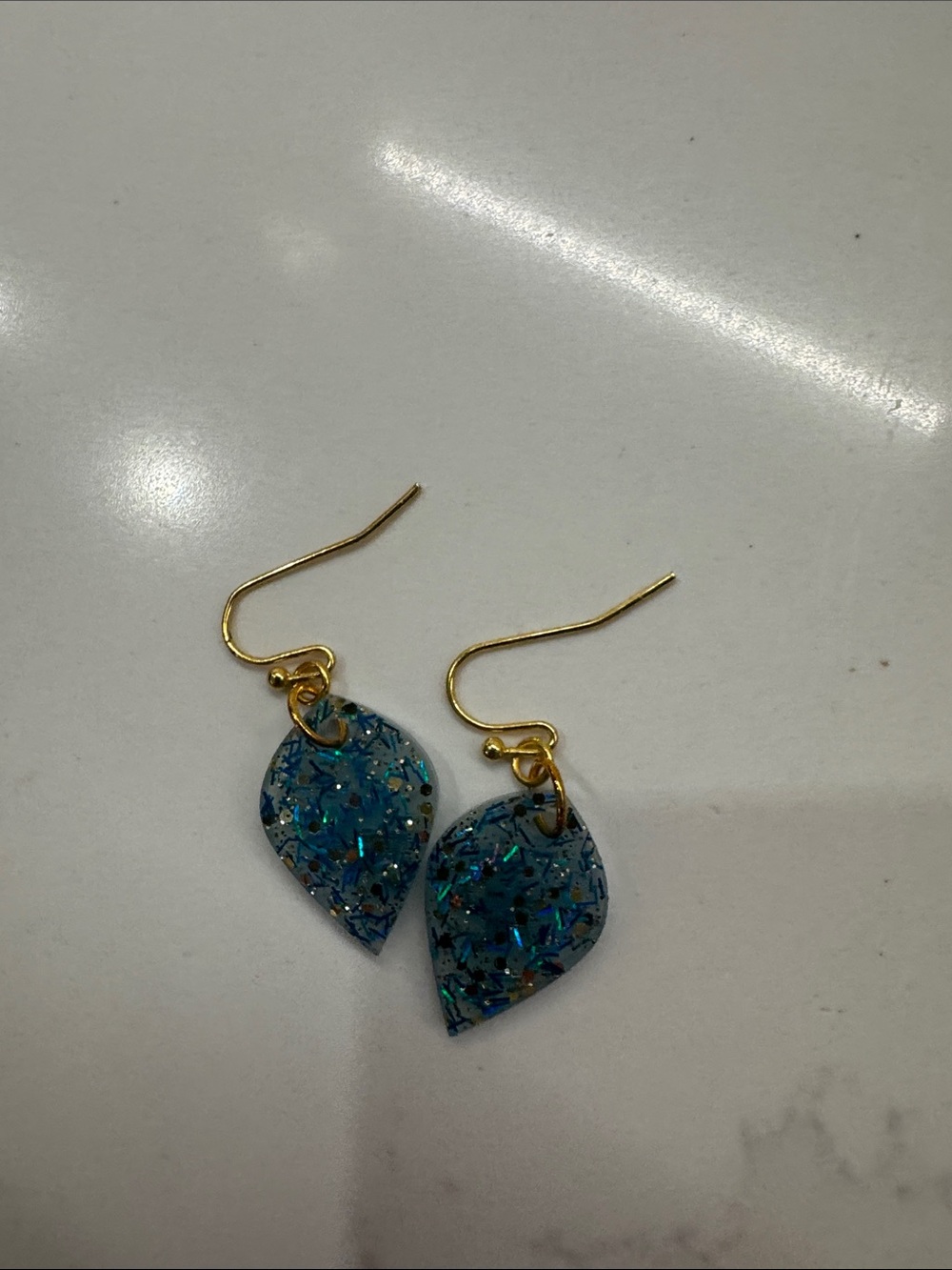 Gold Hook Blue Glitter Teardrop Resin Earrings